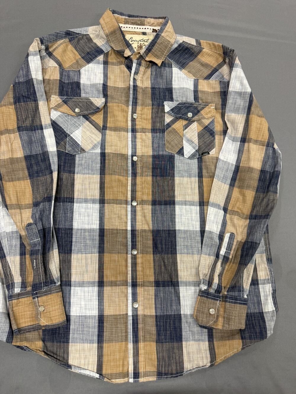 Coastal Mens Western Pearl Snap Shirt Large Tan Plaid Cotton Blend Long Sleeve